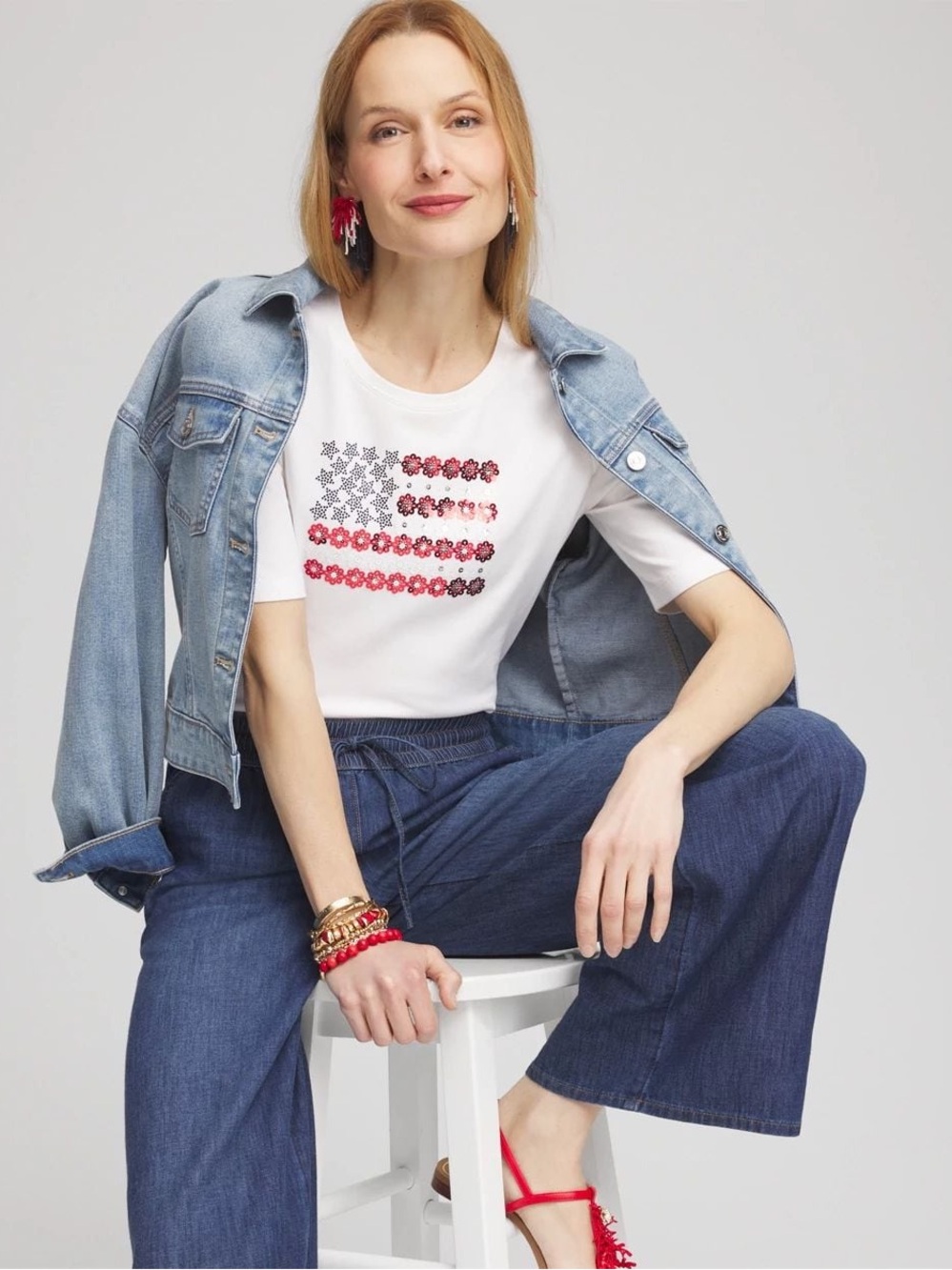 CHICO’S NWT 0 Flag Embellished Knit Tee • Sequin Star Flower Americana - Picture 11 of 13